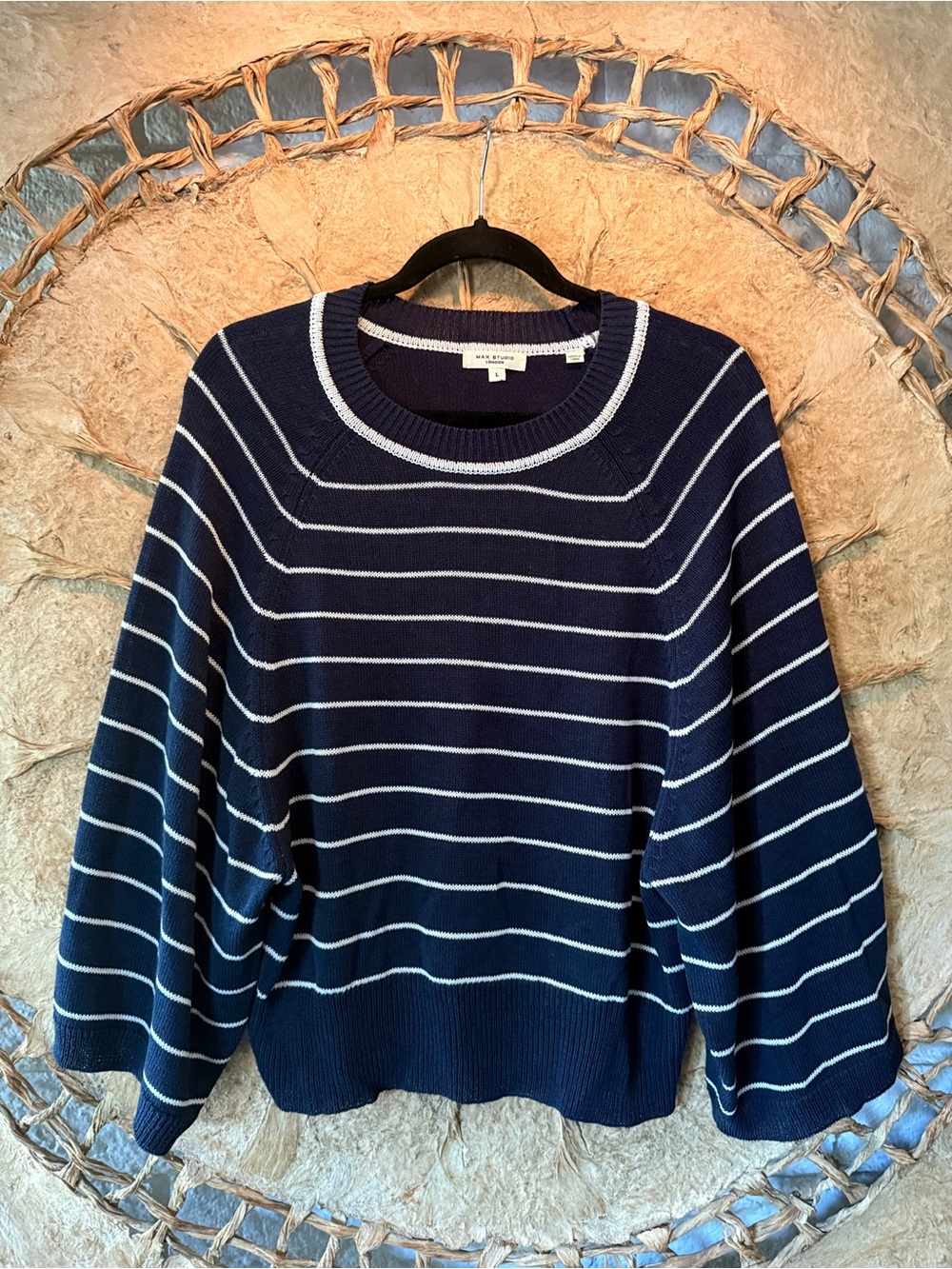 Max Studio London Navy White Striped Linen Blend Sweater Size L